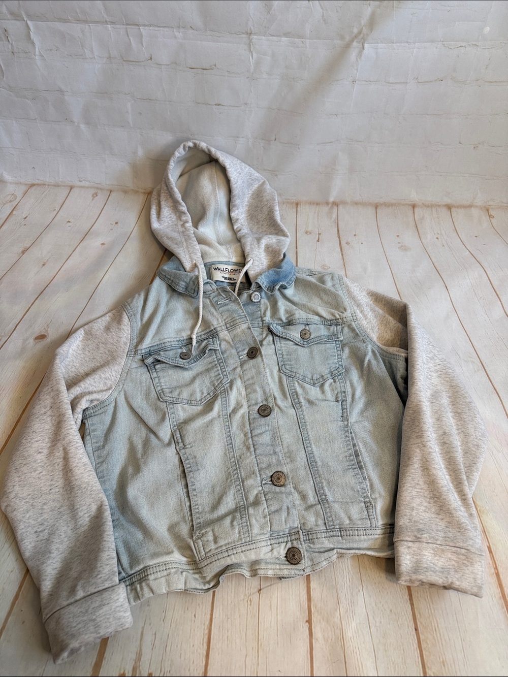 Wallflower Light Wash Denim Jacket with Heather Gray Knit Hoodie & Sleeves